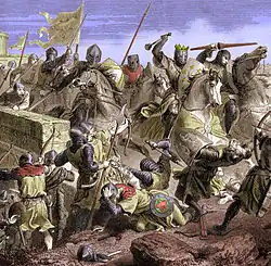 Gravure du XIXe siècle en couleurs représentant des chevaliers, dont l'un est couronné, fonçant sur des fantassins.