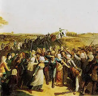 Huile sur toile représentant des femmes qui barrent le passage à des soldats vendéens pour les ramener au combat.