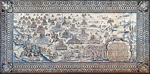 Bataille de Montes Claros, azulejo portugais, c. 1665, Fundação das Casas de Fronteira e Alorna, Palais Fronteira, Salon des Batailles, Lisbonne.