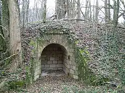 Porte arquée murée formant un talus dans une forêt