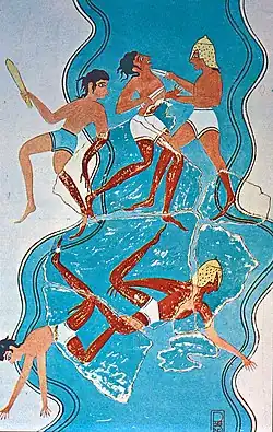 Scène de bataille. Fresque du palais de Nestor (période LHIIIB, vers 1300 av. J.-C.)