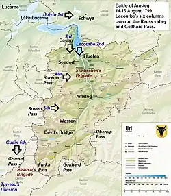 Carte représentant les troupes lors de la bataille d’Amsteg