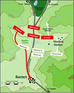 Carte topographique représentant les emplacement des corps d'armée au début de la bataille et leurs premiers mouvements.
