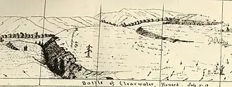 Dessin en noir et blanc représentant un plateau traversé par des ravines et sur lequel figurent les mouvements des belligérants.