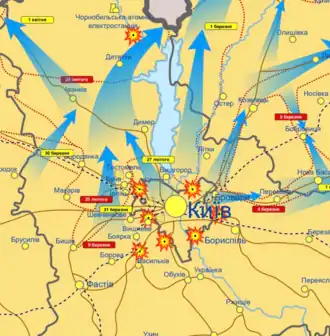 Carte montrant l'avancée de l'offensive russe de la Biélorussie vers Tchernobyl