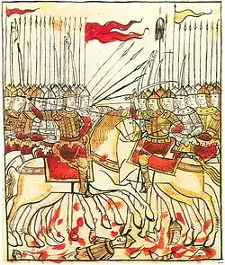 Miniature du XVIIe&nbsp;siècle représentant la bataille de Koulikovo, qui s'est déroulée en 1380. La bannière du grand-prince Dimitri Donskoï a été imaginée comme une oriflamme ornée du calvaire.