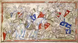 Enluminure montrant une mêlée confuse entre deux armées, l'une avec des boucliers rouges et l'autre avec des boucliers bleus. Les soldats portent des casques ou des heaumes et des cottes de mailles. L'un d'eux, au centre, brandit une grande hache, les autres sont armés d'épées.
