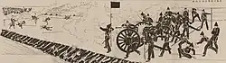 Dessin en noir et blanc représentant trois canons et leurs artilleurs, à droite, faisant feu sur un groupe de soldats armés de lances à gauche