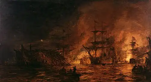 Peinture de William Lionel Wyllie représentant la bataille d'Aboukir