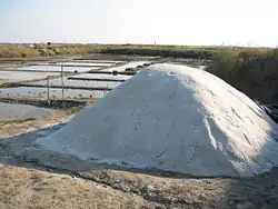 Vue d’un tas de sel, en premier plan d’étiers de marais salant.