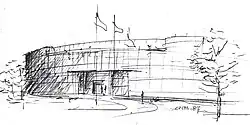 Croquis (1987) et bâtiment final (1988) du siège social de Baxter France (Maurepas, Yvelines).