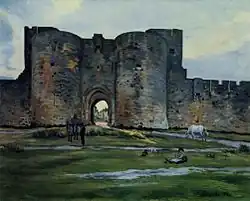 Devant l'immense porte à deux tours ouverte dans la muraille qui enserre la cité, un paysage de marécages dans lequel un homme, de dos, parle avec un cavalier tandis que trois enfants sont assis à même le sol à quelques mètres et qu'un cheval blanc paît sur la droite.