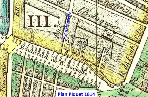 Boulevard de Bonne Nouvelle et rue d’Hauteville sur plan Piquet de 1814.