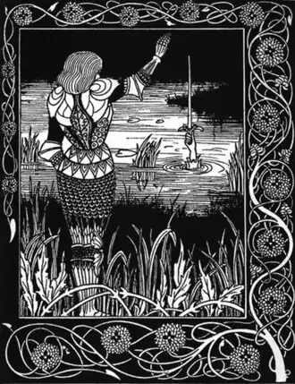Gravure représentant Sir Bedivere rendant l’épée Excalibur à la Dame du Lac.