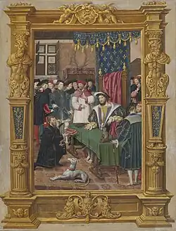 Noël Bellemare et François Clouet, François Ier, entouré de sa cour, reçoit un ouvrage de son auteur.