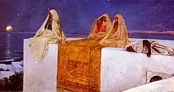 Sur un toit-terrasse, trois femmes sont assises sur ou près d'un tapis oriental, un voile sur la tête, l'une d'elles observant la pleine lune qui brille au loin au-dessus de la mer. Un homme noir est couché non loin d'elles.