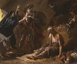 Peinture. Femme arrêtant le bras armé d'un homme casqué qui va tuer un prisonnier décharné assis à terre.