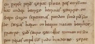Portion de Beowulf (viie&nbsp;siècle) avec la forme du g insulaire pour la lettre g.