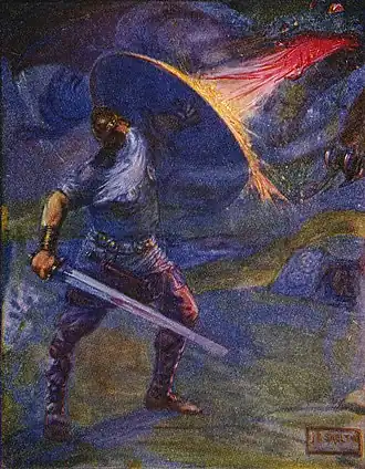 Dessin d'un homme à la longue barbe blanche, portant une armure et un casque et tenant une épée dans la main droite. Il brandit de la main gauche un bouclier rond dont il se sert pour bloquer le feu d'un dragon dont on n'aperçoit qu'une partie de la tête dans le coin de l'image.
