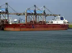 Le minéralier Berge Stahl (342 × 63 m, 364 767 DWT) en plein déchargement au terminal EECV.