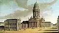Gendarmenmarkt avec maison de la Comédie française&nbsp;(de) (à gauche), tableau de Carl Traugott Fechhelm&nbsp;(de), 1788
