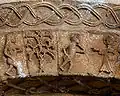 Adam et Ève nus, encadrant l'arbre de vie, se cachant le sexe. Adam se tourne vers Yahvé qui porte un nimbe cruciforme et tend la main droite vers Adam.