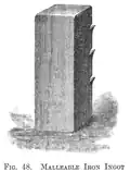 Premier lingot de métal obtenu par Bessemer. Celui-ci démontre qu'il s'agit de fer en l'entaillant avec une hache.