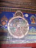 Cour du monastère de Thiksey, Ladakh, avec une interprétation particulière du deuxième cercle: les êtres tombent du monde des humains dans un couloir noir.