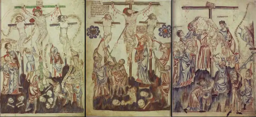 Rhabillage de Jésus des mains de sa mère (scène du milieu, Bible d'Holkham (en), XIVe siècle).