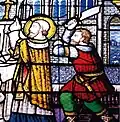 Église Notre-Dame de Bieuzy : détail d'un vitrail montrant l'assassinat de saint Bieuzy.