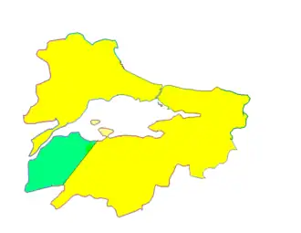 Carte administrative de la région de Marmara, avec la péninsule de Biga coloriée en vert.