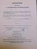 Certificat de donation, Mairie de Montevideo, 2 Septembre 2014