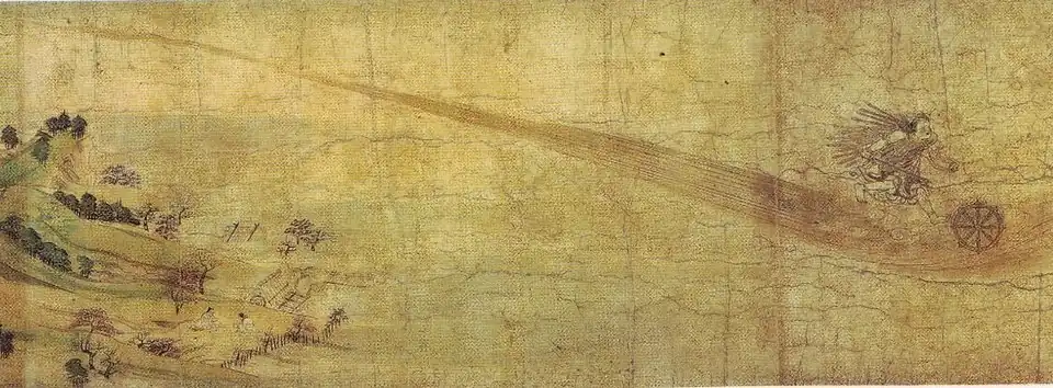 Longue ligne de fuite guidant le mouvement des yeux. Rouleaux des légendes du mont Shigi, XIIe.