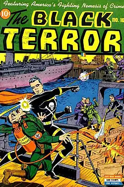 couverture en couleur d'un comics publié durant la seconde guerre mondiale : un héros masqué donne un coup de poing à un soldat nazi armé d'un lance-flammes. Le jeune compagnon du héros éteint les flammes en arrière-plan