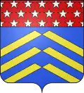 (4) : D'azur, aux trois chevrons brisés en or, posés en pal, au chef de gueules, semé d'étoiles d'argent.