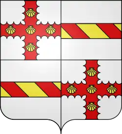 Fond argent divisé en quatre carrés. Les carrés 1 et 4 ont une croix rouge dentelée portant cinq coquilles d'or. Les carrés 2 et 3 ont une bande horizontale striée d'or et de rouge.