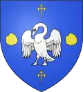 ÉployéD'azur à un cygne éployé d'argent accosté de deux cailloux d'or et accompagné en chef et en pointe de deux croisettes recroisetées au pied fiché de même.Commune de Serrouville, France.