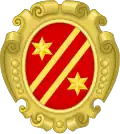 Armoiries de la famille Bonaparte, avant sa transformation en maison impériale : de gueules à deux barres d'or accompagnées de deux étoiles du même, une en chef, l'autre en pointe.