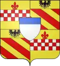 « Saluzzo di Cardé » : Écartelé : aux 1 et 4, d'or, à la fasce échiquetée d'argent et de gueules de trois tires, sommée d'une épine en forme de fleur-de-lis de gueules, fichée dans la fasce (Spinola) ; aux 2 et 3, bandé de gueules et d'or et au chef d'or chargé d'une aigle de sable (de Miolans). Sur le tout d'argent, au chef d'azur.