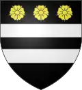 Famille de Chavagnac : de sable à deux fasces d'argent accompagnées de trois roses d'or rangées en chef.