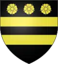 Famille de Chavagnac, branche d'Amandine : de sable à deux fasces d'or accompagnées de trois roses du même rangées en chef.