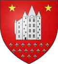 après 1817 de gueules, au château de Temple d’argent, accompagné en chef de deux étoiles d’or et en pointe de seize fleurs-de-lis d’argent, 7, 6 et 3 (armorial de Riestap).