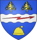 La Tuque (Québec) d'azur à la fasce ondée d'argent chargé d'un dard vivré de gueules posé en fasce, la pointe à sénestre, accompagné en chef de deux sapins arrachés d'or et en pointe d'une tuque aussi d'or.