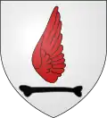 Rébus :Allos (Alpes-de-Haute-Provence). D'argent au demi-vol (aile) De gueules soutenu d'un os de sable posé en fasce.