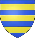 Blason : Famille de Durban, Languedoc - Écartelé aux 1 et 4 d'azur à trois fasces d'or (Durban ancien) aux 2 et 3 d'or à un mont d'azur accompagné en chef d'un aiglon de sable mouvant du canton senestre et soufflant sur un arbre de sinople posé au canton dextre du chef (Durban moderne).