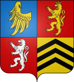 Écartelé : au premier d'azur à un demi-vol d'or, au deuxième de gueules au lion couronné d'or, au troisième de gueules au lion d'argent, au quatrième d'or à trois chevrons de sable.