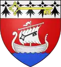 De gueules à une nef équipée et habillée d'argent voguant sur une mer d'azur mouvant de la pointe, la voile chargée d'une clef de sable posée en fasce ; au chef d'argent chargé de cinq mouchetures d'hermine de sable et d'une clef d'or brochant en fasce sur les mouchetures, le panneton à senestre vers la pointe et découpé en croix.