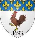 D'argent au coq hardi au naturel, soutenu de la date 1693 de sable, au chef d'azur semé de fleurs de lys d'or.