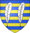 Burelé d'azur et d'or, à deux plumes à écrire d'argent posées en pal, brochant sur le tout..