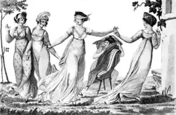 Gravure représentant une femme les yeux bandés et quatre autres femmes qui courent autour d'elle.